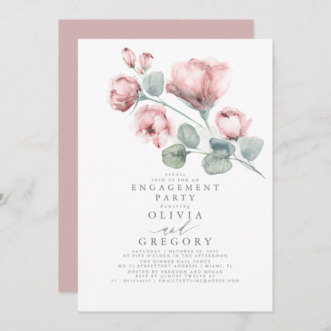 Dusty Pink Rose Floral Elegant Engagement Party Invitation (Front/Back)