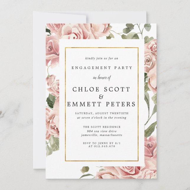 Dusty Pink Rose Floral Gold Engagement Party Invitation (Front)