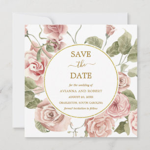Dusty Pink Rose Floral Gold Frame Save The Date