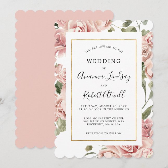 Dusty Pink Rose Floral Gold Frame Wedding Invitati Invitation (Front/Back)