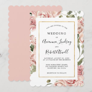 Dusty Pink Rose Floral Gold Frame Wedding Invitati Invitation