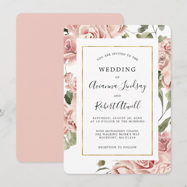 Dusty Pink Rose Floral Gold Frame Wedding Invitation (Front/Back)