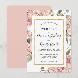 Dusty Pink Rose Floral Gold Frame Wedding Invitation