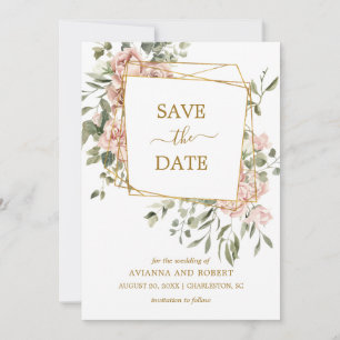 Dusty Pink Rose Floral Gold Geometric Frame Save The Date