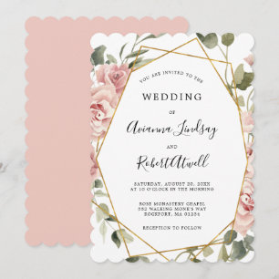 Dusty Pink Rose Floral Gold Geometric Wedding Invi Invitation