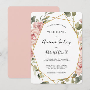 Dusty Pink Rose Floral Gold Geometric Wedding Invi Invitation