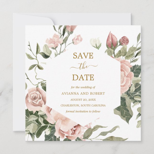 Dusty Pink Rose Floral Gold Save The Date (Front)