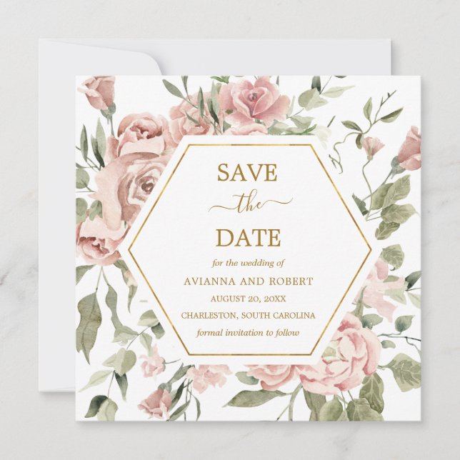 Dusty Pink Rose Floral Gold Save The Date (Front)