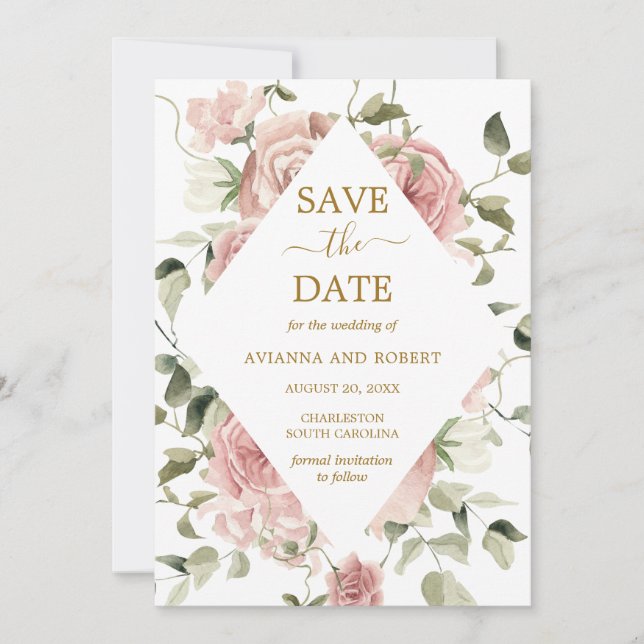 Dusty Pink Rose Floral Gold Save The Date (Front)