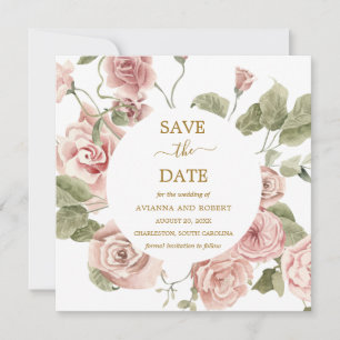 Dusty Pink Rose Floral Gold Save The Date