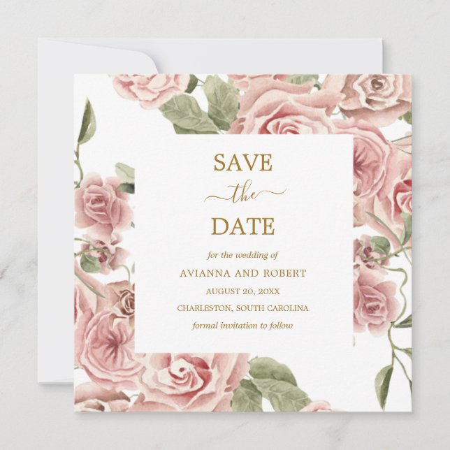 Dusty Pink Rose Floral Gold Save The Date (Front)