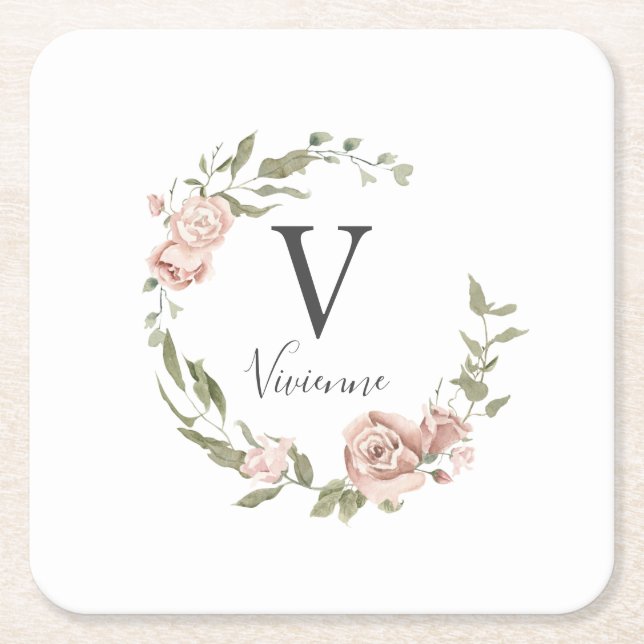 Dusty Pink Rose Floral Monogram Name Square Paper Coaster (Front)
