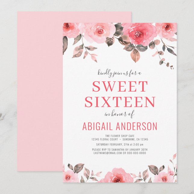 Dusty Pink Rose Floral Sweet Sixteen Watercolor Invitation (Front/Back)