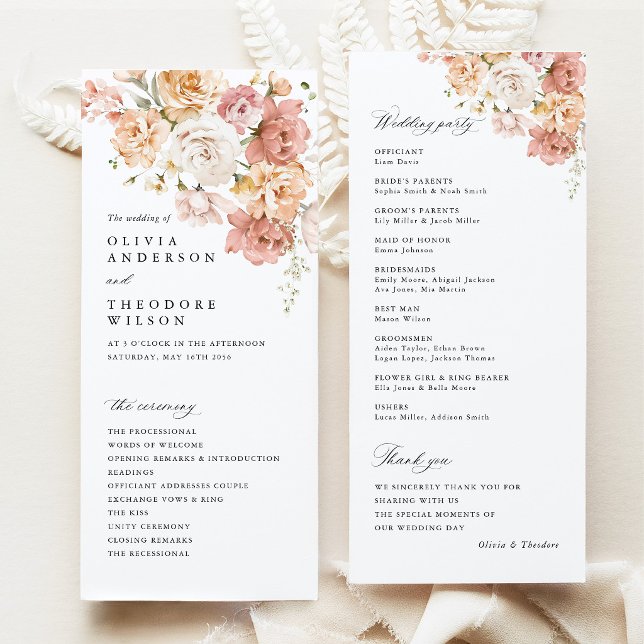 Dusty Pink Rose Floral Wedding Ceremony Programme (Dusty Pink Rose Floral Wedding Program, double sided ceremony program, blush wedding stationery)