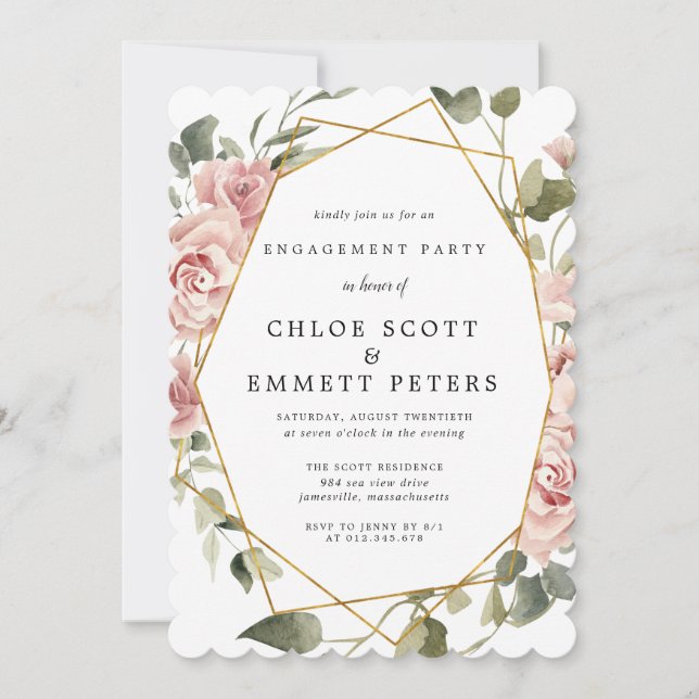 Dusty Pink Rose Geometric Frame Engagement Party I Invitation (Front)