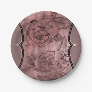 Dusty Pink Rose Gold Elegant Glam Floral Chic Paper Plate