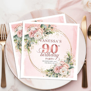 Dusty Pink Rose Gold Floral 90th Birthday Party Napkin