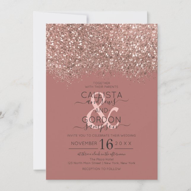 Dusty Pink Rose Gold Glitter Confetti Wedding Invitation (Front)