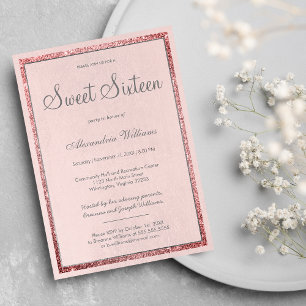 Dusty pink rose gold silver glitter Sweet 16 Invitation