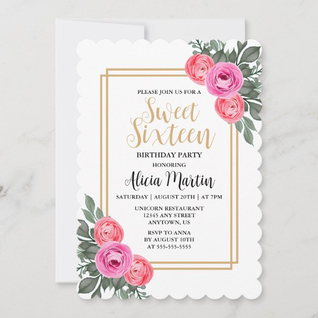 Dusty Pink Rose Greenery Botanical Gold Sweet 16 Invitation (Front)
