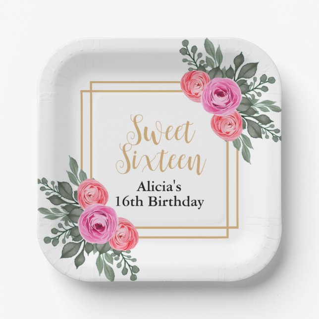 Dusty Pink Rose Greenery Botanical Gold Sweet 16 Paper Plate (Front)