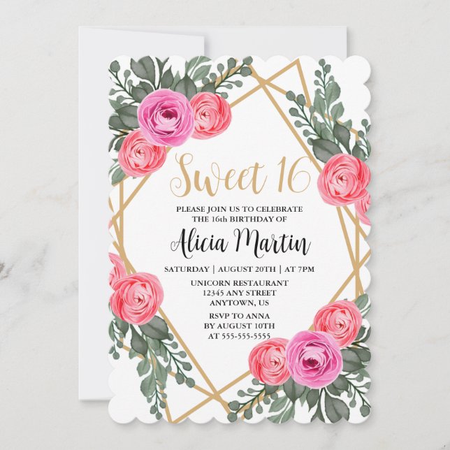 Dusty Pink Rose Greenery Flora Gold Sweet 16 Invitation (Front)