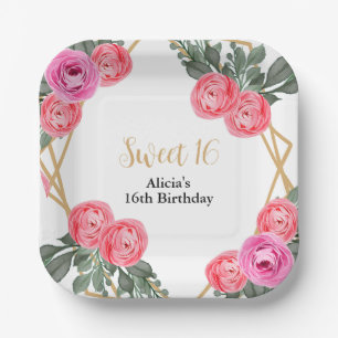 Dusty Pink Rose Greenery Flora Gold Sweet 16 Paper Plate