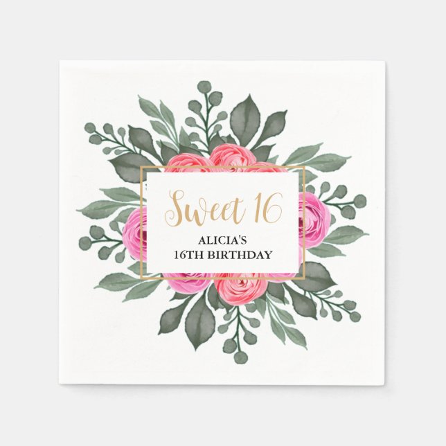 Dusty Pink Rose Greenery Flora Sweet 16 Napkin (Front)