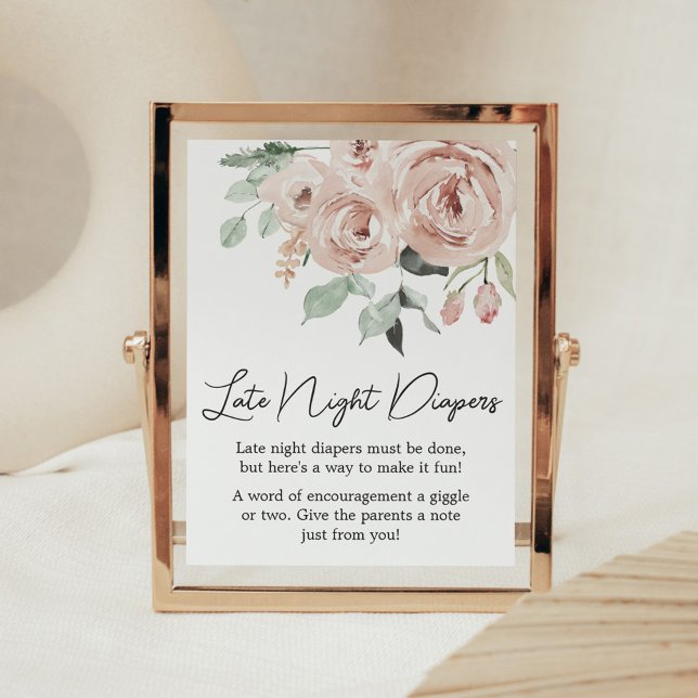Dusty Pink Rose It's a Girl Late Night Diapers Poster (It's a Girl Dusty Pink Rose Baby Shower Late Night Diapers Sign)