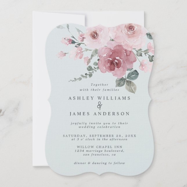 Dusty Pink Rose Light Blue Wedding Invitation (Front)
