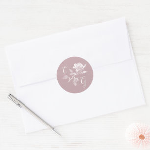 Dusty Pink Rose Line Art Monogram Wedding Classic Round Sticker