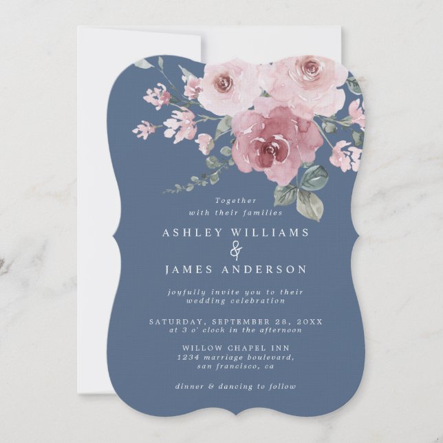 Dusty Pink Rose Moonlight Blue Wedding Invitation (Front)