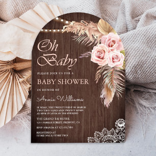Dusty Pink Rose Pampas Grass Wood Arch Baby Shower Invitation