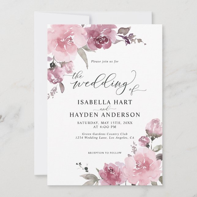 Dusty Pink Rose Pastel Floral Mauve Flower Wedding Invitation (Front)