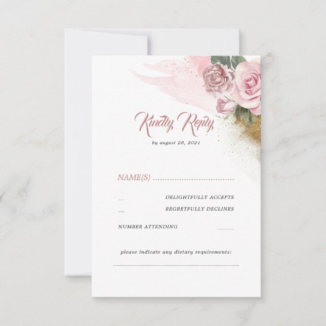 Dusty Pink Rose Romantic Wedding RSVP Card (Front)