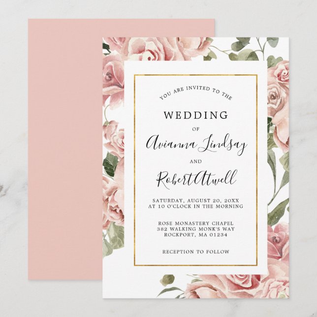 Dusty Pink Rose Rustic Floral Wedding Invitation (Front/Back)