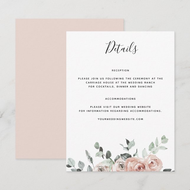 Dusty Pink Rose Wedding Details Enclosure Card (Front/Back)