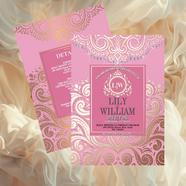 Dusty Pink RoseGold Classic Monogram Boho Wedding (Luxurious Elegant Classic Boho Wedding Invitation - Real Foil and Monogram)