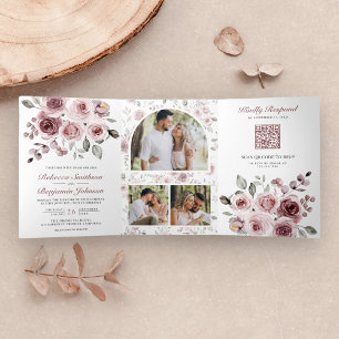 Dusty Pink Roses All in One QR Code Wedding Tri-Fold Invitation