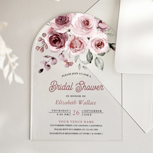 Dusty Pink Roses Bridal Shower Acrylic Invitations (Creator Uploaded)