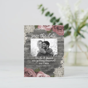 Dusty Pink Roses & Cream Lace Grey Save the Date  Invitation