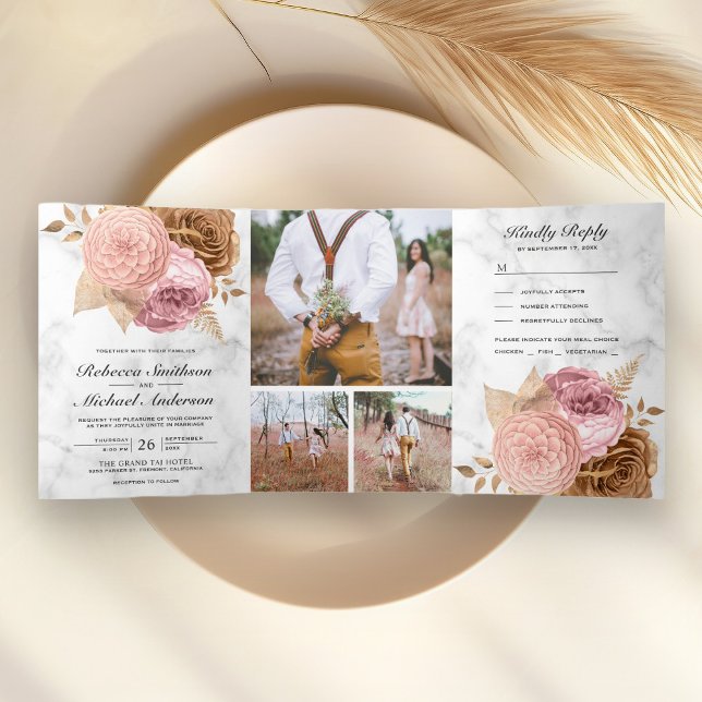 Dusty Pink Roses Earthy Floral Marble Wedding Tri-Fold Invitation (Creator Uploaded)