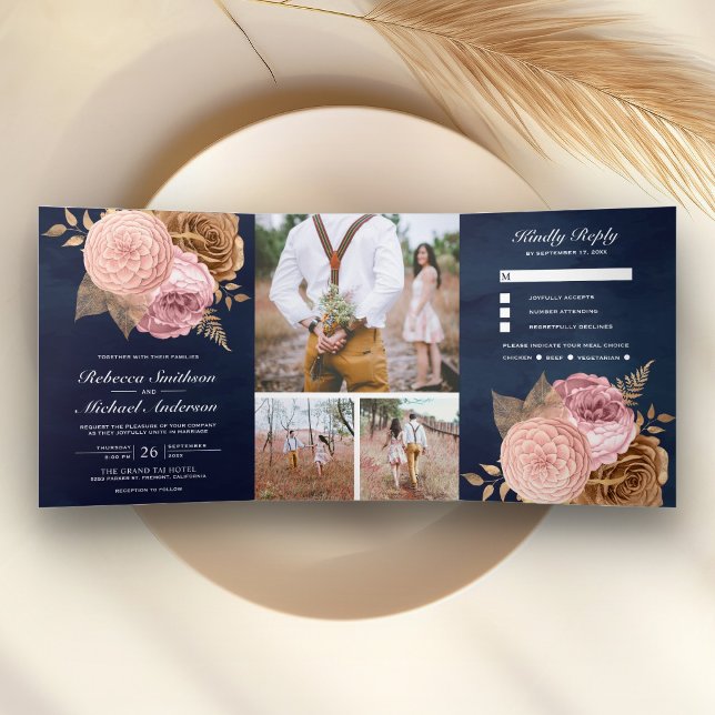 Dusty Pink Roses Earthy Floral Navy Blue Wedding Tri-Fold Invitation (Creator Uploaded)