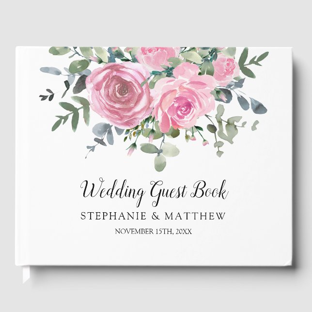 Dusty Pink Roses Eucalyptus Botanical Wedding Guest Book (Front)
