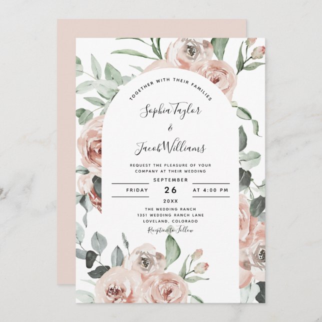 Dusty Pink Roses Floral Eucalyptus Wedding Invitation (Front/Back)