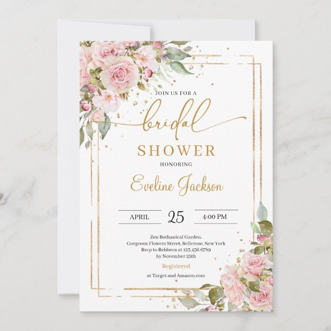 Dusty pink roses flowers blush gold geometric  invitation (Front)