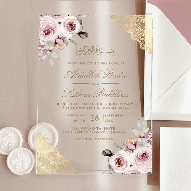 Dusty Pink Roses Gold Lace Muslim Wedding Acrylic Invitations (Creator Uploaded)