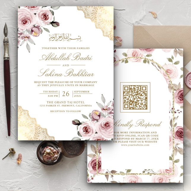 Dusty Pink Roses Gold Lace QR Code Muslim Wedding Invitation (Creator Uploaded)