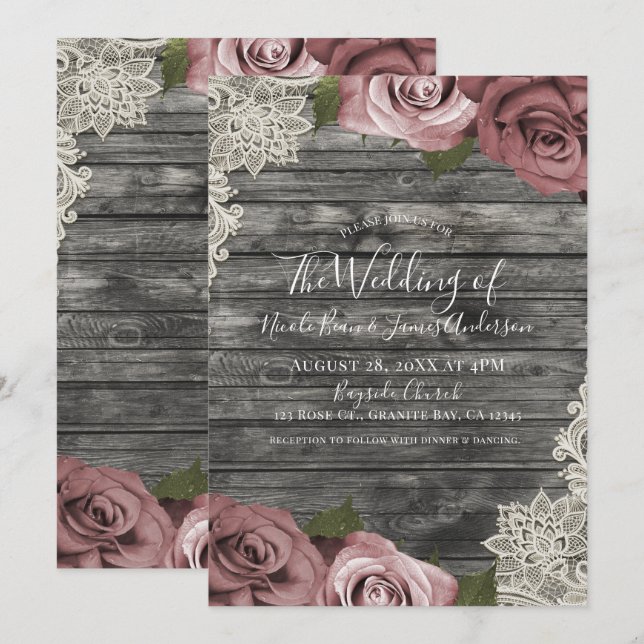 Dusty Pink Roses Grey Rustic Wood Lace Wedding Invitation (Front/Back)