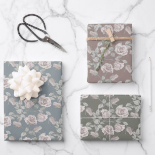 Dusty Pink Roses in Blue Gray, Taupe & Sage Green Wrapping Paper Sheet